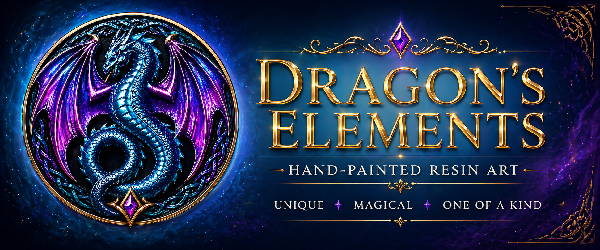 Dragon's Elements fantasy banner with dragon emblem and gold lettering